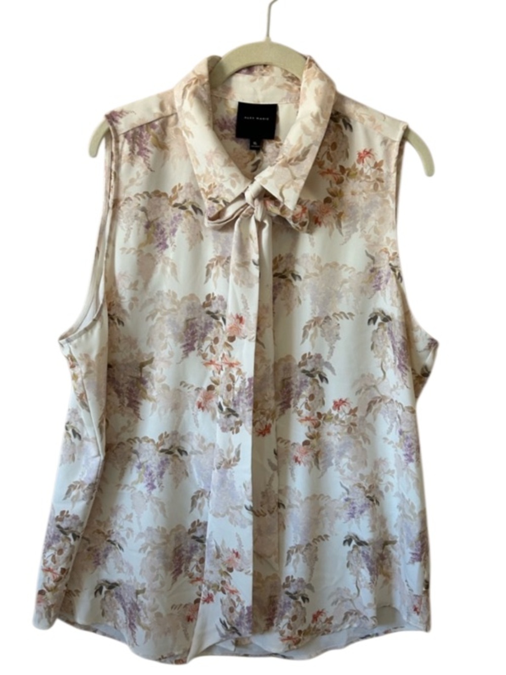 Alex Marie Cream Floral Tie-Neck Sleeveless Blouse Top XL